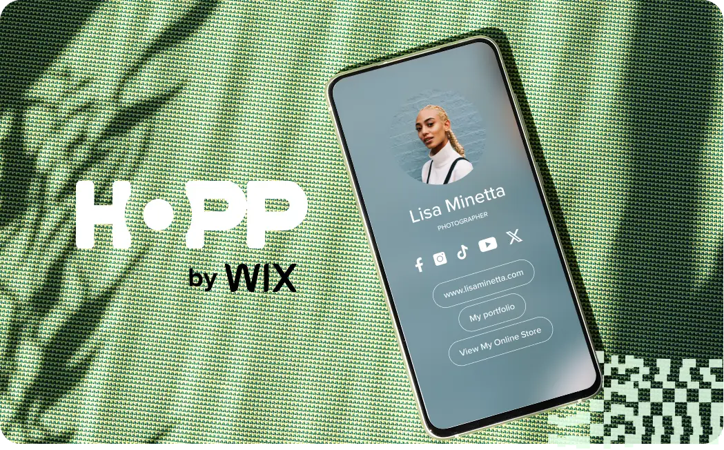 A photo of a phone wtih a basic link-in-bio page next to a HOPP by Wix logo