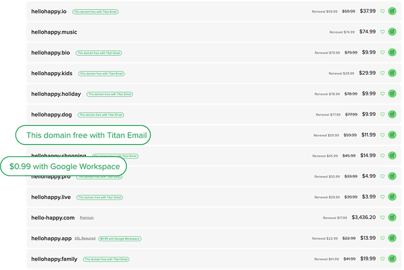 Screenshot of name.com's domain search tool for recommending domain names.