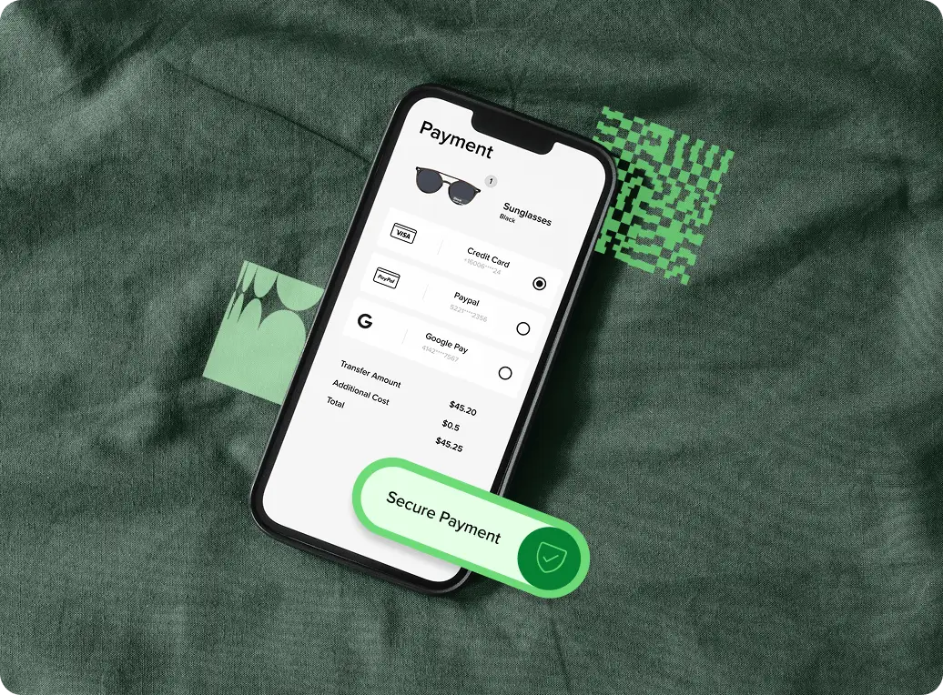 A photo of a mobile phone with a shopping cart on a green background